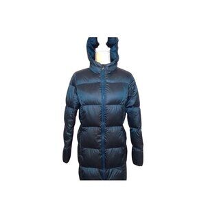 Eddie Bauer Womens M  Long Puffer Down Jacket Hooded Full Zip blue packable Coat